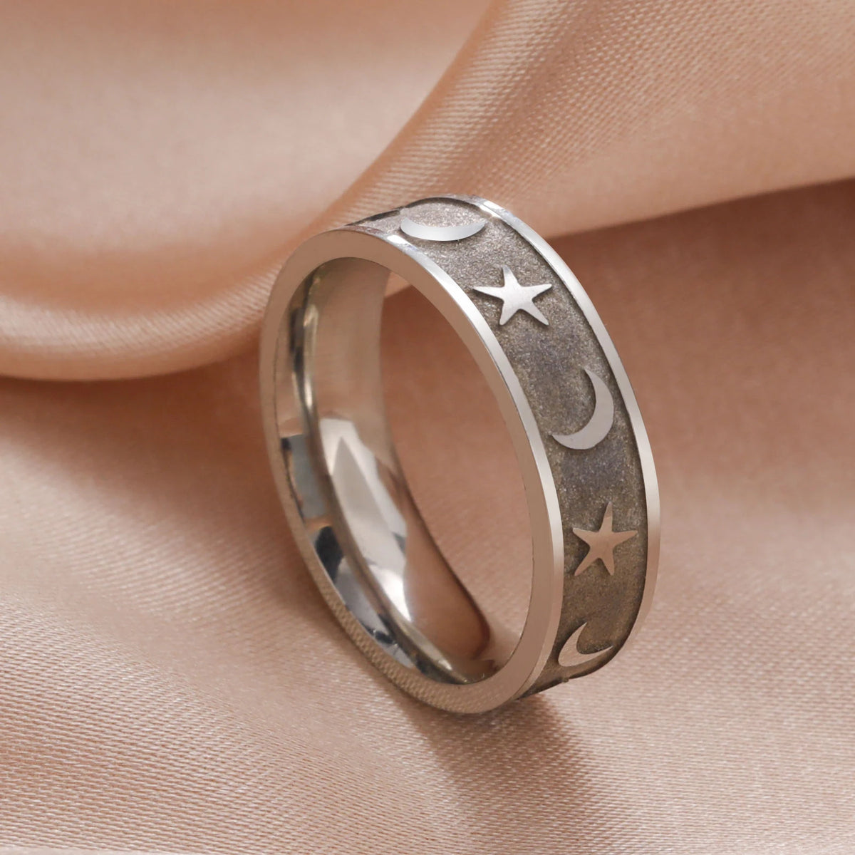 Boho Moon Star Ring Matte Gold Colour Stainless Steel Band Rings