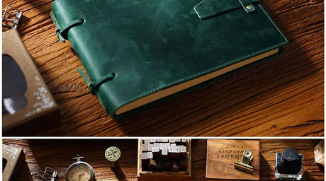 Stitched Genuine Leather Notebook 6 Colours Handmade Journal with Lock Blank Kraft Paper 200 Pages Sketchbook