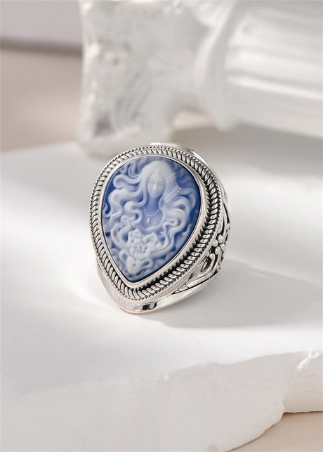 Elena's Spirit S925 Sterling Silver Rings Waterdrop Shaped Shell Agate Cameo Jewellery