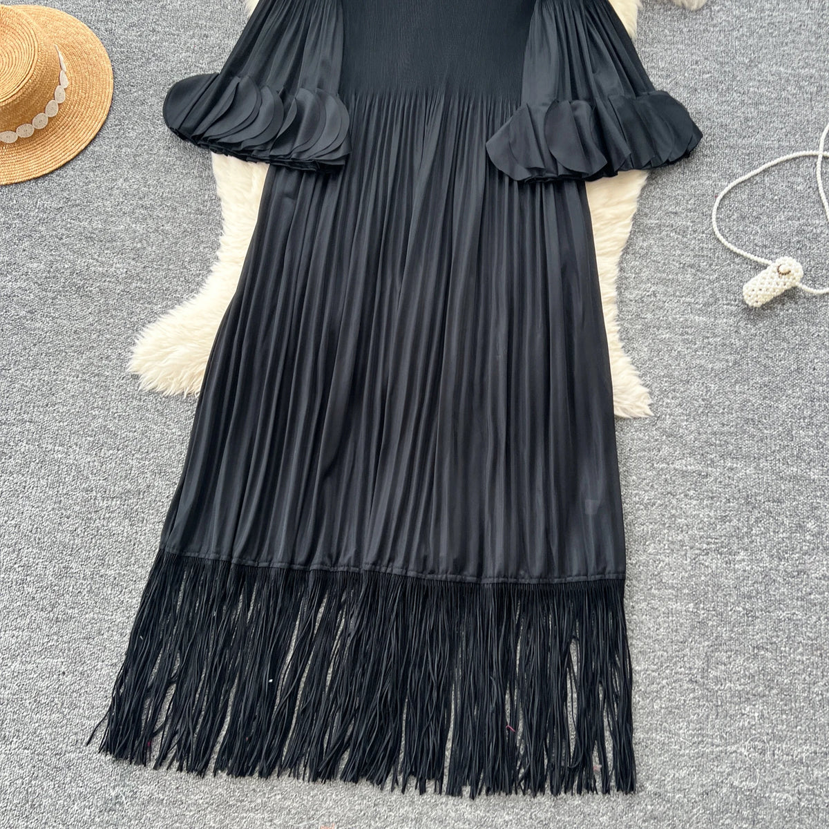 Petal Sleeves Pleated Tassel Dress Eight Colours