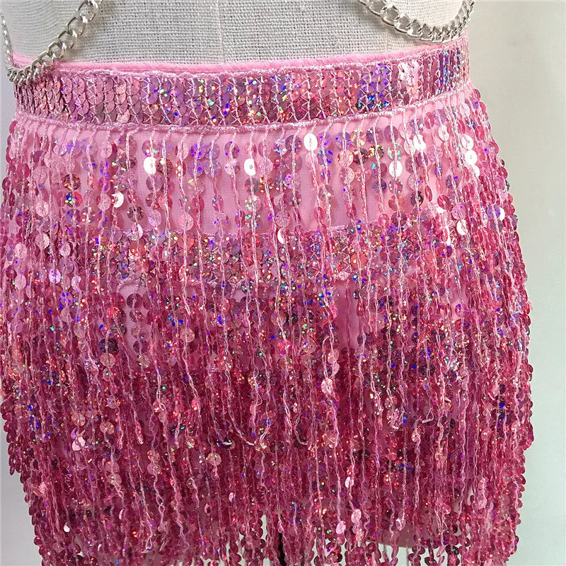 PU Leather Harness 2 Piece Set Metal Chest Chain With Tassel Sequins Mini Skirt Festival Party Club Outfits