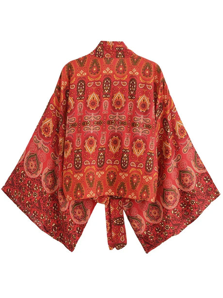 Nuri's Boho Short Kimono Red Floral Wrap Top
