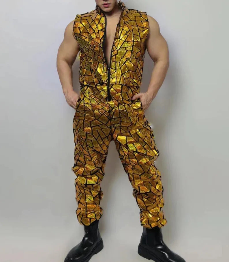 Mens Laser Mirror Sleeveless Jumpsuit Hip Hop Dancer Party Nightclub Outfit