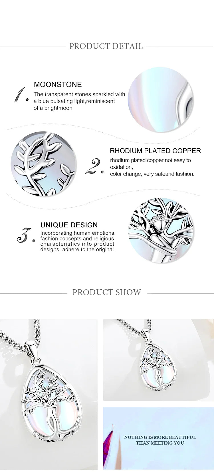 Tree of Life Goddess Moonstone Crystal Stone Pendant Necklace