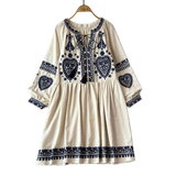 Georgia's Embroidered Boho Cotton Linen Long Sleeves Mini Dress