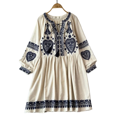 Georgia's Embroidered Boho Cotton Linen Long Sleeves Mini Dress