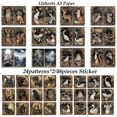 60 pieces Art Papers and Stickers Forest Crown Animals Ephemera DIY Scrapbooking Gallery Wall Set