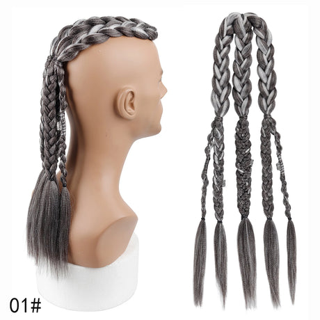 Viking Mohawk Cornrow Braided Mullet Wig Synthetic Thick 5 Braids with Metal Rings for Cosplay