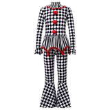 Kids Girls Halloween Harlequin Circus Clown Cosplay Costume Pom Poms Checkerboard Jumpsuit
