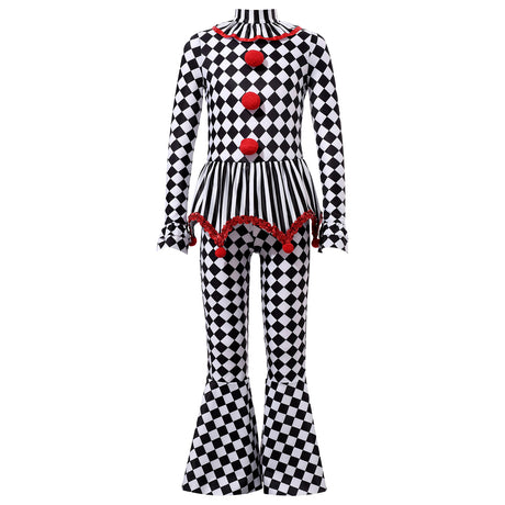 Kids Girls Halloween Harlequin Circus Clown Cosplay Costume Pom Poms Checkerboard Jumpsuit