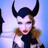 Vintage Horned Devil Red/Black Satin Bonnet Hood Headpiece Halloween Costume Party