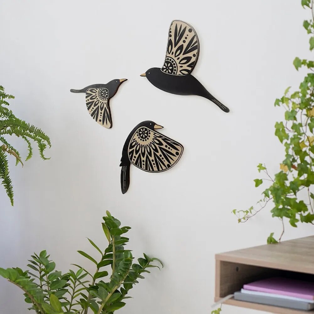 Set of Three Wooden Black Bird Wall Art Decor