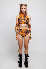 Roller Derby Performance Outfit Women High Neck Crop Set Rave Party Clubwear Printed Bodycon Set