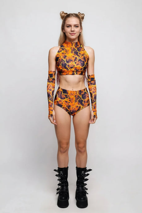 Roller Derby Performance Outfit Women High Neck Crop Set Rave Party Clubwear Printed Bodycon Set