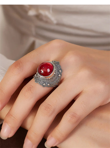 The Sage One's S925 Sterling Silver Rings Ancient Emboss Pattern Corundum