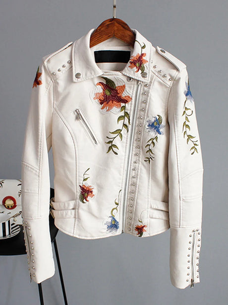 Wild Rose's Floral Print Embroidery Faux Soft Leather Motorcycle Jacket