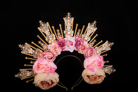 Pink Rose Pearls Sun Crown Headpiece Gothic Goddess Halo Headband
