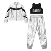 Girls Hip-hop Dance Outfit Streetwear Racer Back Tank Crop Top + Long Sleeve Jacket + Pants 3Pcs/Set