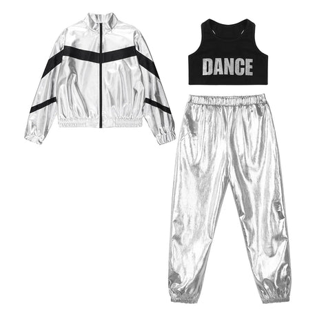 Girls Hip-hop Dance Outfit Streetwear Racer Back Tank Crop Top + Long Sleeve Jacket + Pants 3Pcs/Set