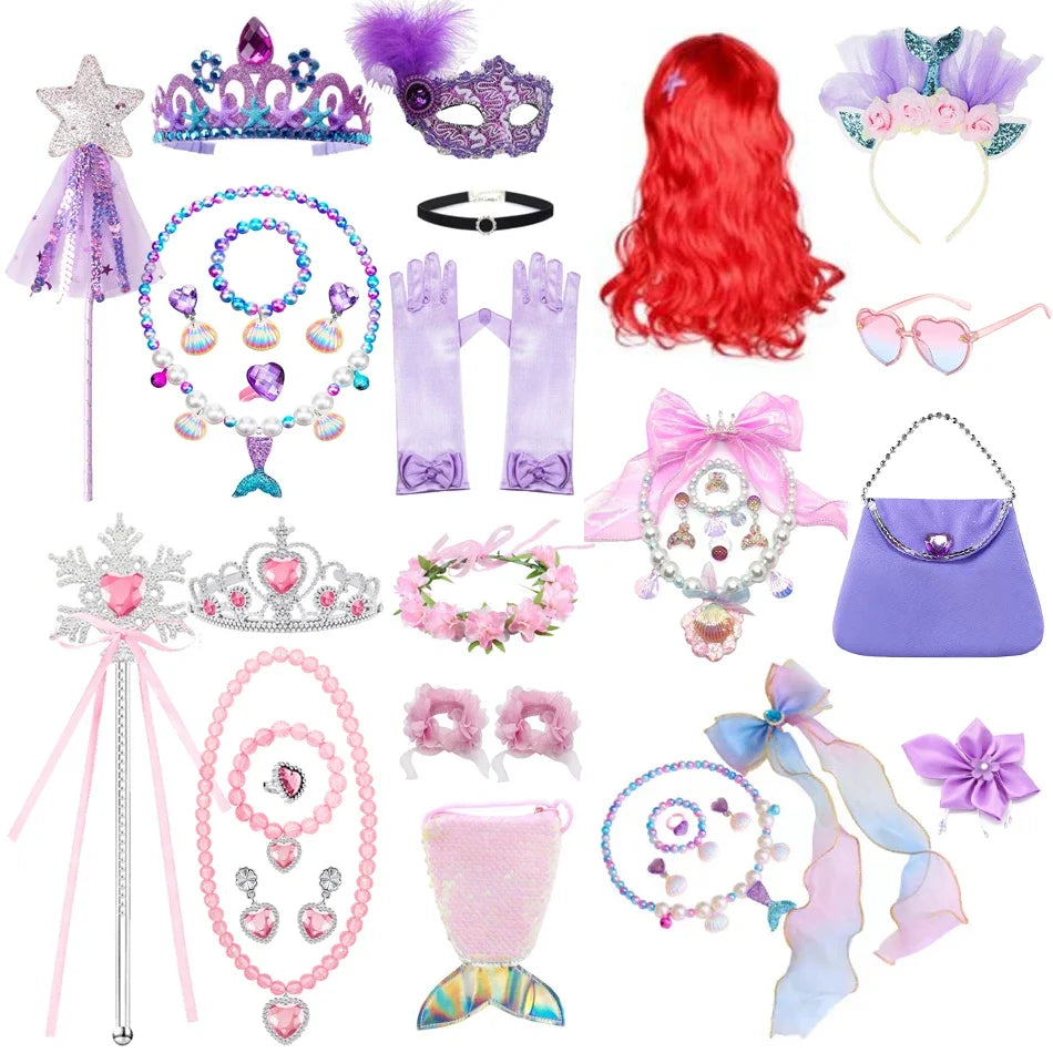 Mermaid Accessories Gloves Wand Crown Jewellery Set Wig Necklace Braid Cosplay Halloween Birthday Party