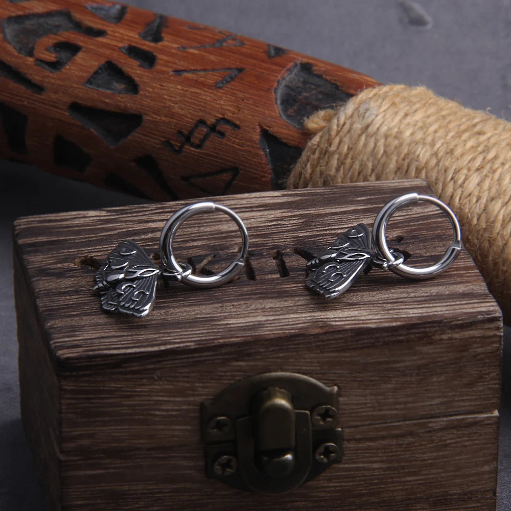 Pagan Moth Moon Phase Stainless Steel Earrings with Wooden Box