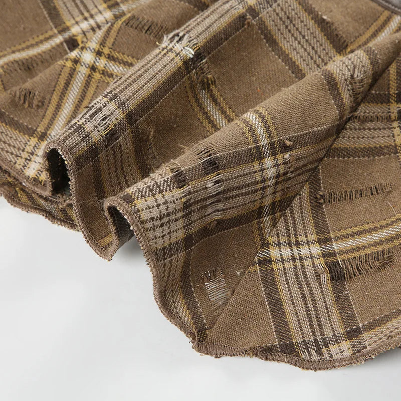 Goblincore Grunge Irregular Spliced Lace Plaid Skirt