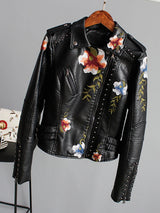 Wild Rose's Floral Print Embroidery Faux Soft Leather Motorcycle Jacket