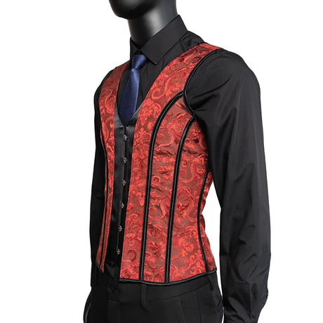 Men's Red Jacquard Boned Waistcoat Corset Vest Lace Up Burlesque Performance Stage Costume