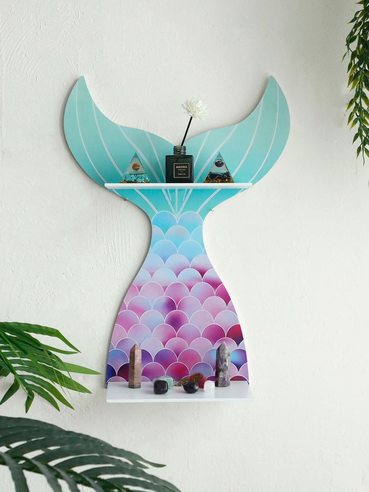 Mermaid Tail Wooden Crystal Shelf Essential Oil Display Floating Wall Shelf
