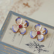 Enamel Purple Flower and Bee Stud Earrings Drip Glaze Gradient Petals
