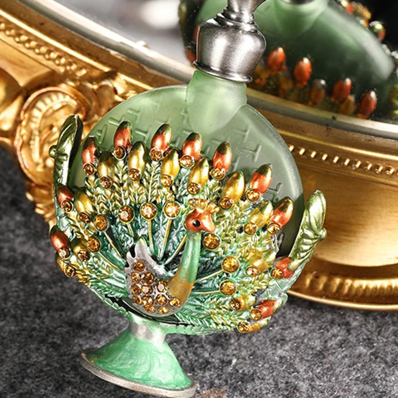 7ml Peacock Refillable Empty Perfume Bottle Metal Enamel Emerald Green Glass Cap Dripper