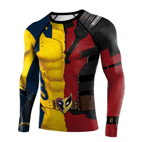 Deadpool Wolverine Printed Mens Rash Guards Compression Shirts Gym Surfing Long Sleeve Stretch Tops