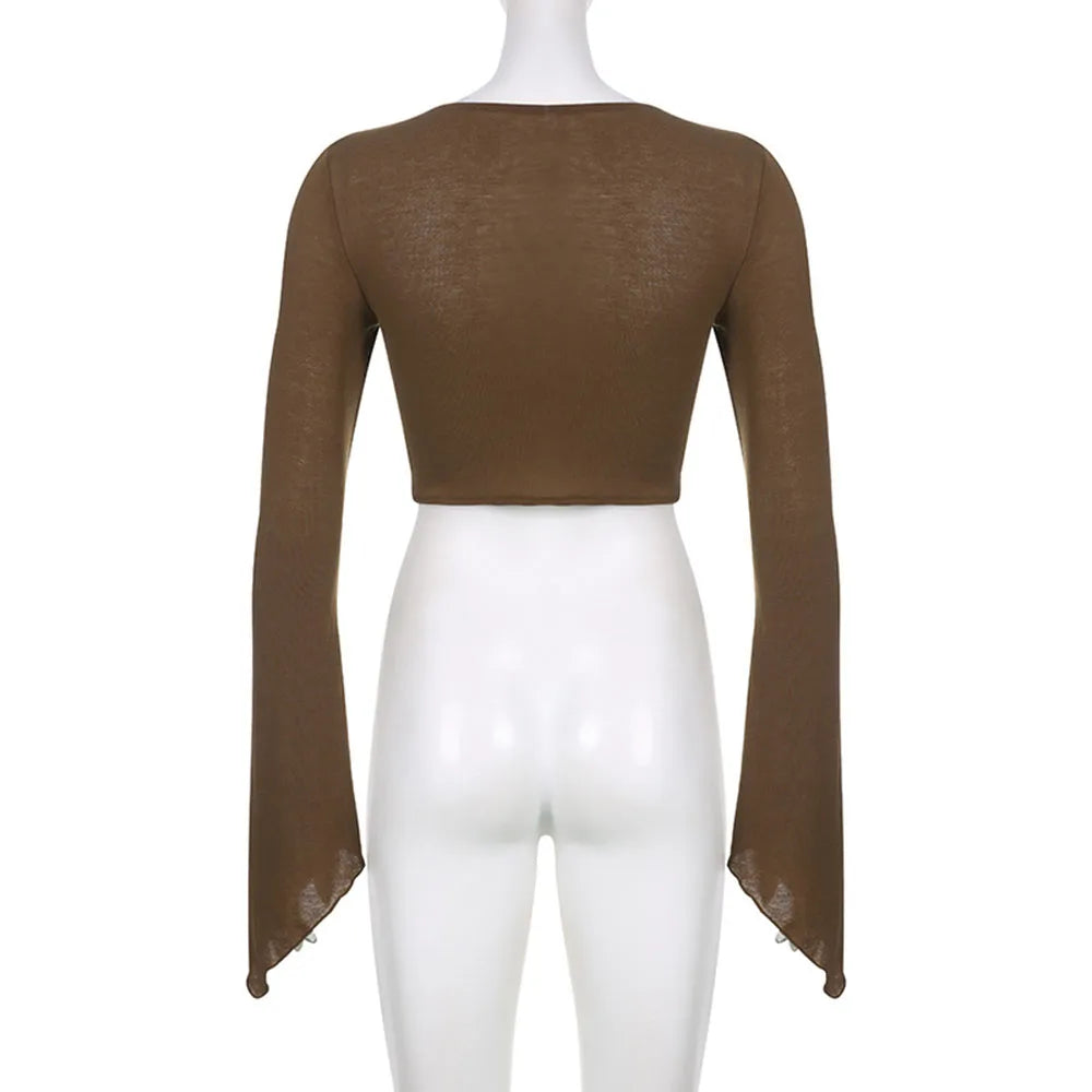 Y2k Chocolate Brown Flare Sleeve Top Matching Grunge Skirt