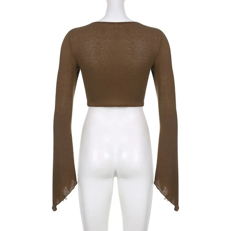 Y2k Chocolate Brown Flare Sleeve Top Matching Grunge Skirt