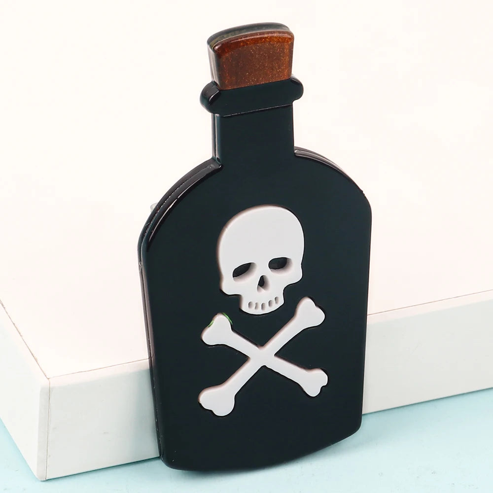 Black Poison Bottle Acrylic Brooches Skull and Cross Bone