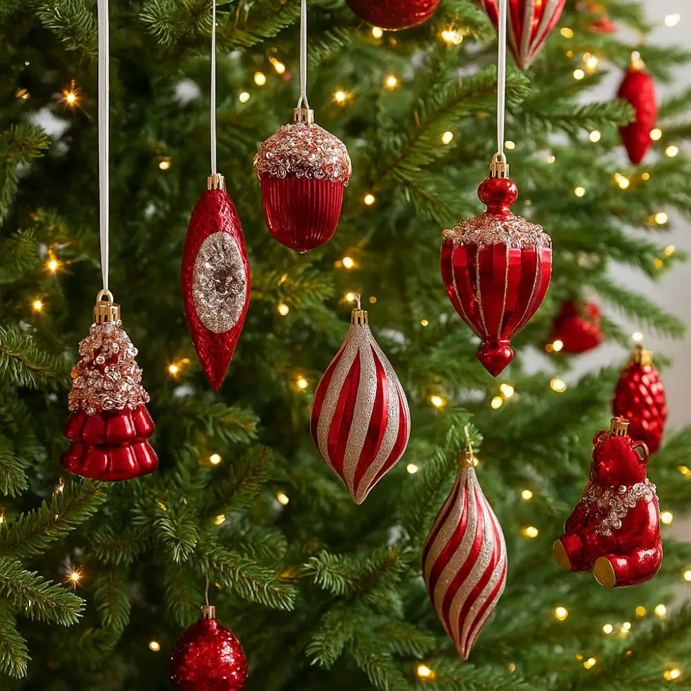 Red Christmas Tree Ornaments Shatterproof Plastic Glitter Little Bear Balls Acorn