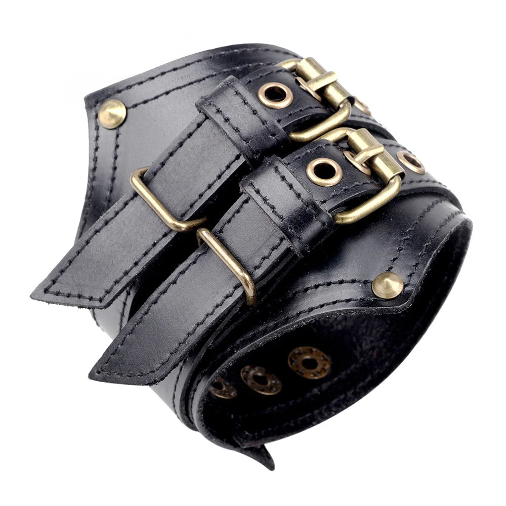 Genuine Leather Men's Wide Leather Wrist Cuff Buckle Bracelet
