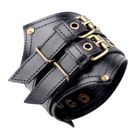 Genuine Leather Men's Wide Leather Wrist Cuff Buckle Bracelet