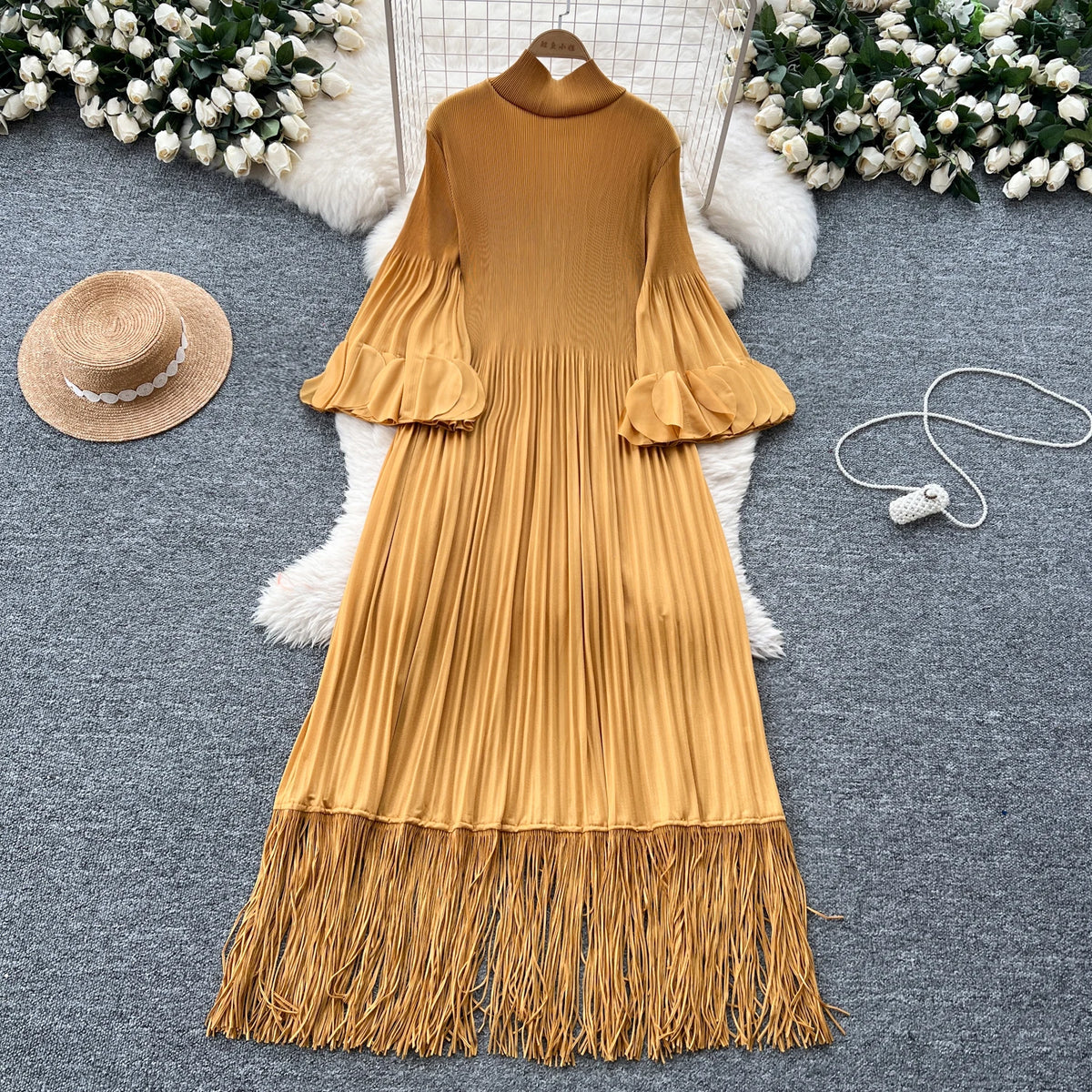 Petal Sleeves Pleated Tassel Dress Eight Colours
