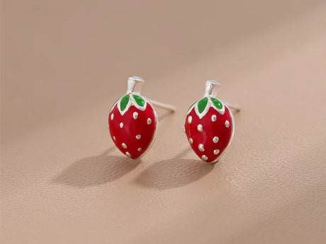 Bitty Enamel Strawberry Stud Earrings 925 Sterling Silver Jewellery