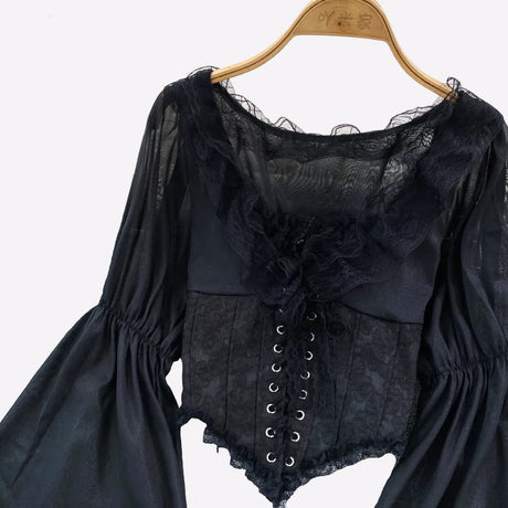 French Court Blouse Chiffon Lace Lace-up Top