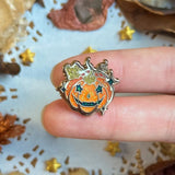 Set of Four Halloween Mini Enamel Pins Witchy Badge Bat Ghost and Candy Corn Glitter Brooches