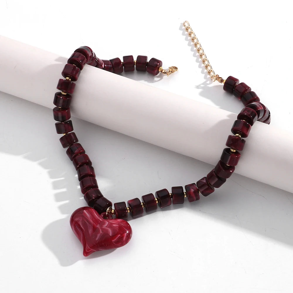 Chunky Acrylic Heart Pendant Beaded Choker Necklaces