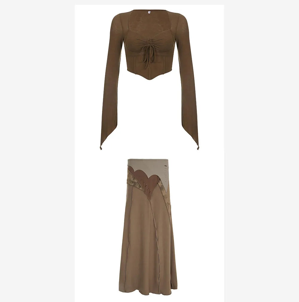 Y2k Chocolate Brown Flare Sleeve Top Matching Grunge Skirt