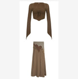 Y2k Chocolate Brown Flare Sleeve Top Matching Grunge Skirt