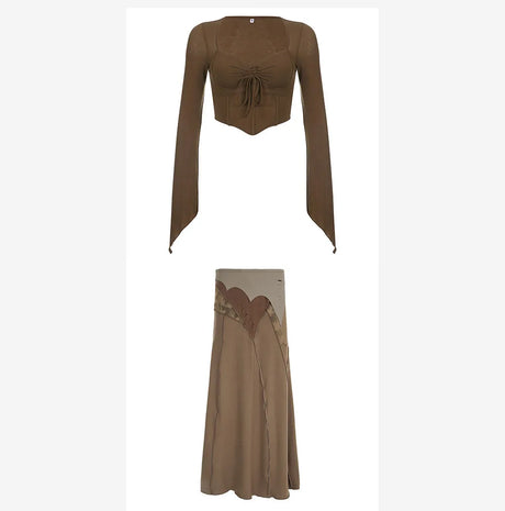 Y2k Chocolate Brown Flare Sleeve Top Matching Grunge Skirt