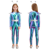 Girls Boys Alien Costume Shiny Metallic Full Body Suit Space Astronaut Robot Halloween Dress Up