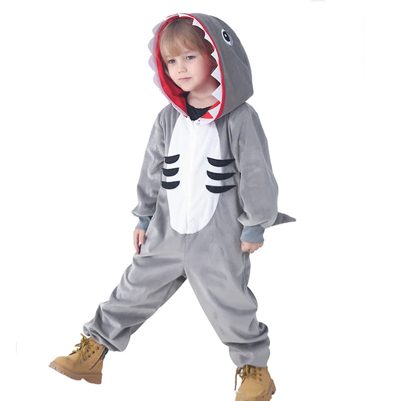 Boys and Girls Grey Shark Kids Outfits Book Week Costume Onsie Hoodie Halloween Fancy Dress Up Play Suit