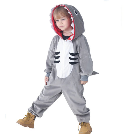 Boys and Girls Grey Shark Kids Outfits Book Week Costume Onsie Hoodie Halloween Fancy Dress Up Play Suit