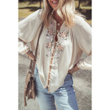Gracie's Boho Blouses Floral Embroidery Button Down White Long-sleeved Shirt